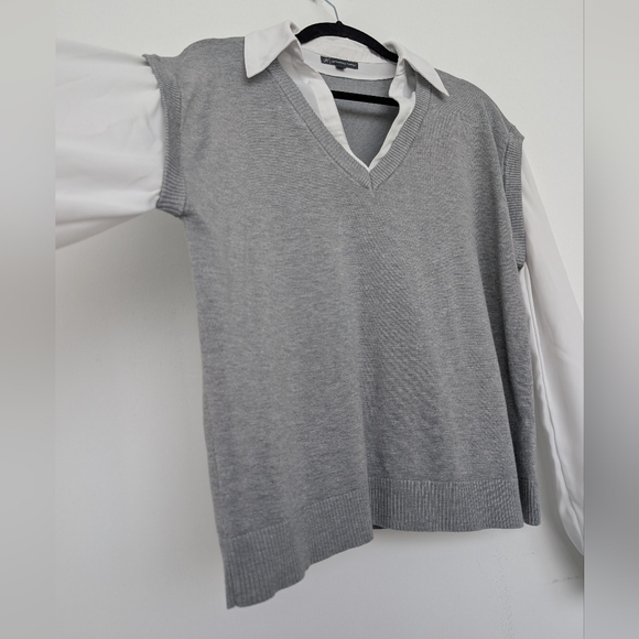 Adrianna Papell Mixed Media Chiffon And Knit Academia V-Neck Sweater Top Sz L - Picture 5 of 14